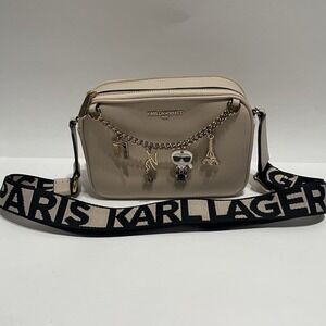 Karl Lagerfeld Paris Beige Camera Crossbody Bag Gold Charms Logo Strap